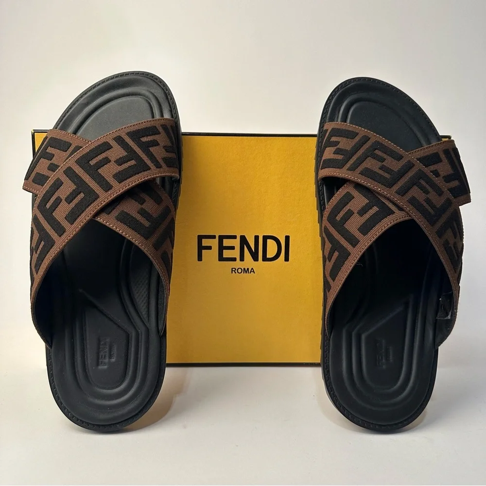 Fendi Men's Black and Brown Logo Slide Sandals - Picture 2 of 7